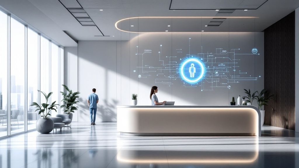 A doctor interacting with a digital interface, representing AI agents in healthcare