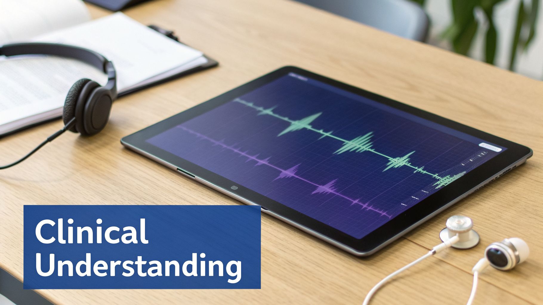Digital tablet shows medical waveforms with headphones and earbuds, representing clinical understanding.