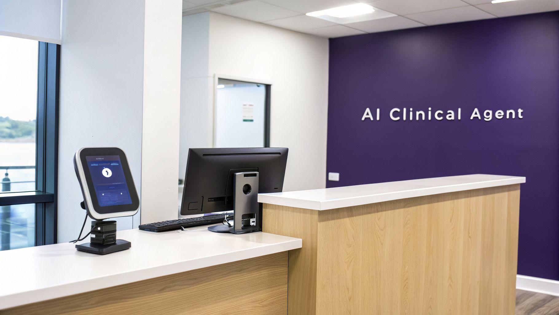 A modern clinic reception area with a self-service AI kiosk and an 'AI Clinical Agent' sign on a purple wall.