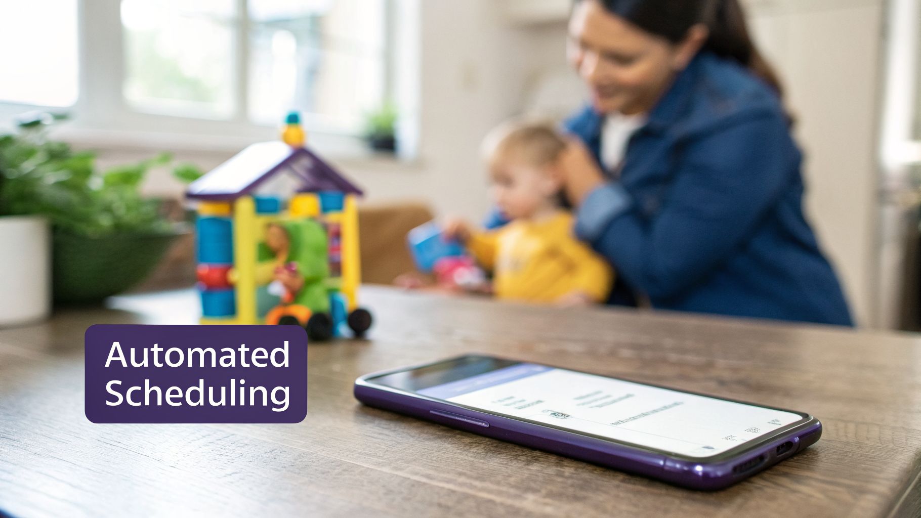 A smartphone on a wooden table with 'Automated Scheduling' text overlay, featuring a blurred family in the background.