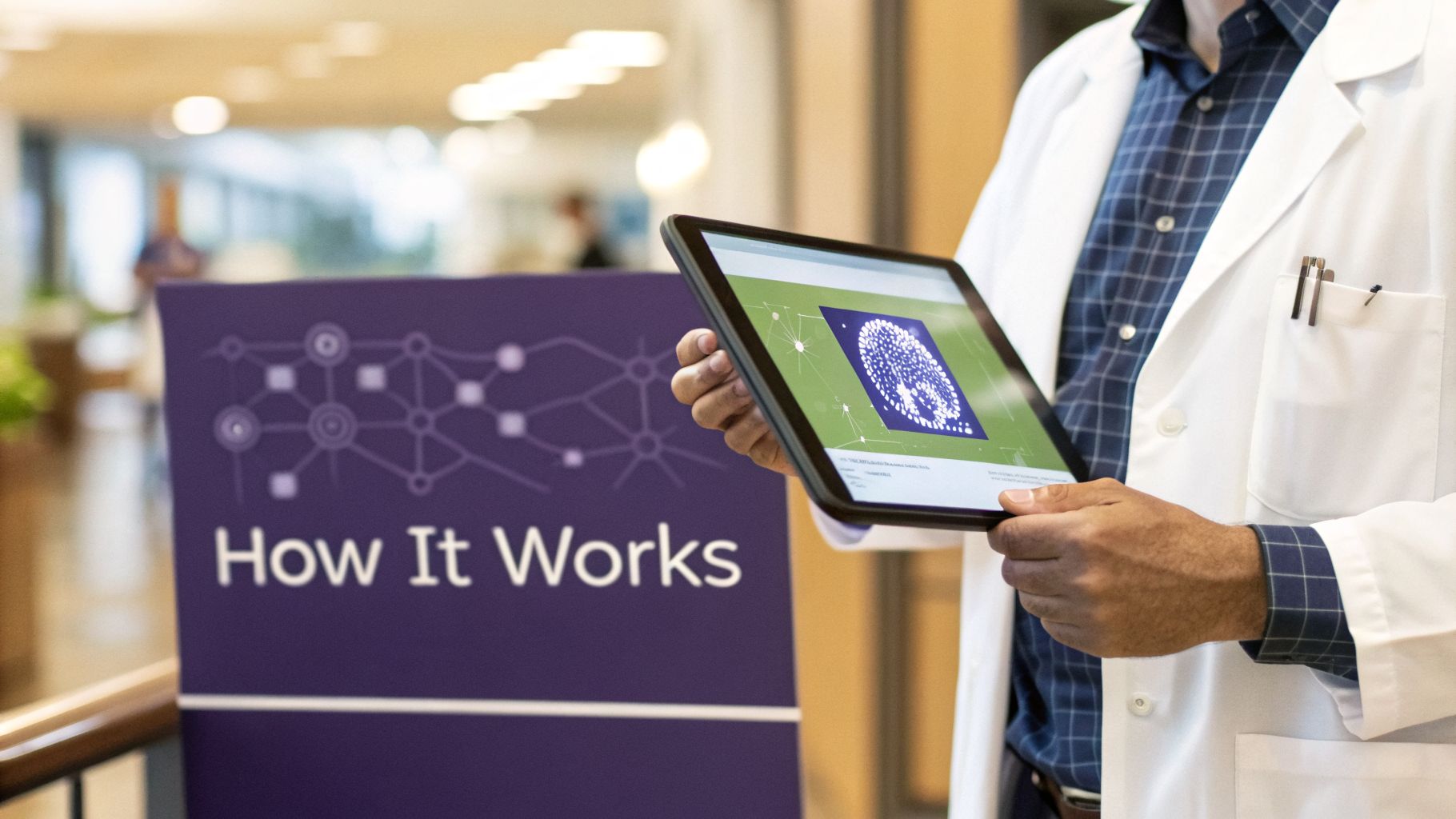 A doctor in a white lab coat holds a tablet displaying a brain graphic, next to a 'How It Works' sign.