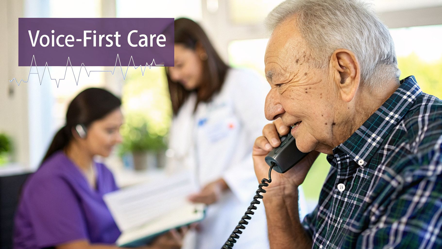 An elderly man smiling while talking on a landline phone, with nurses and doctors providing voice-first care in the background.