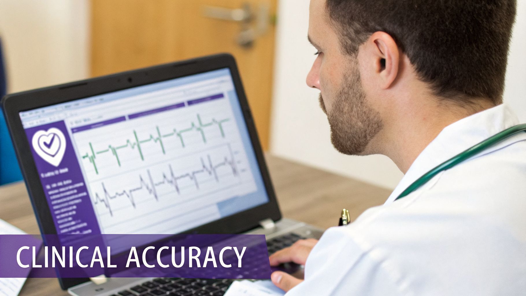 A doctor reviews medical data, including heart rhythm graphs, on a laptop screen, emphasizing clinical accuracy.