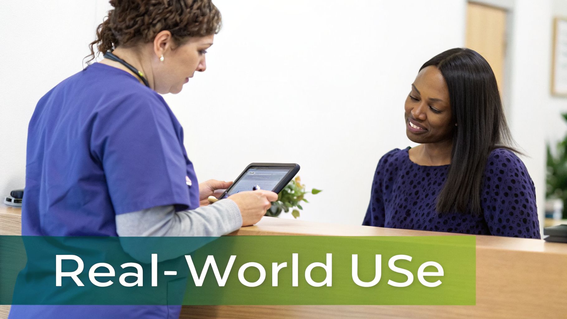 A healthcare worker assists a smiling patient using a tablet at a clinic reception desk.