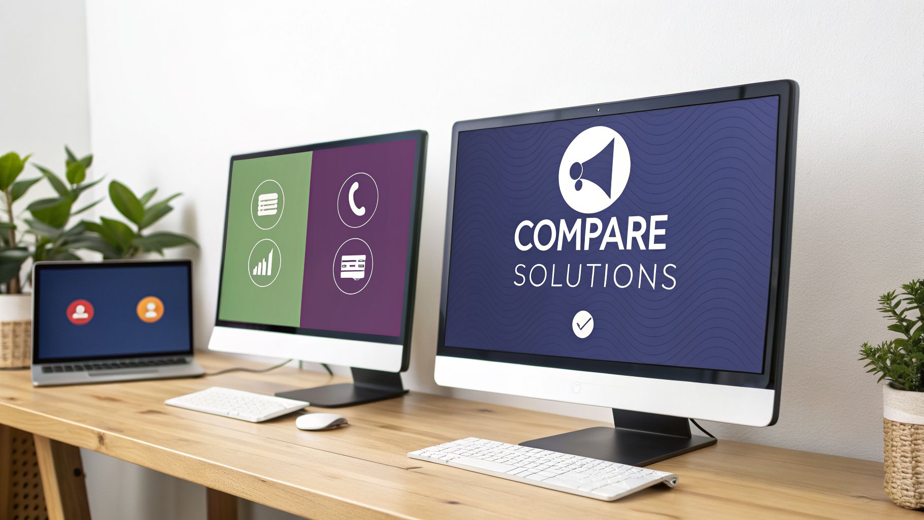 A modern office desk with three computers displaying various graphics and text, including 'COMPARE SOLUTIONS'.