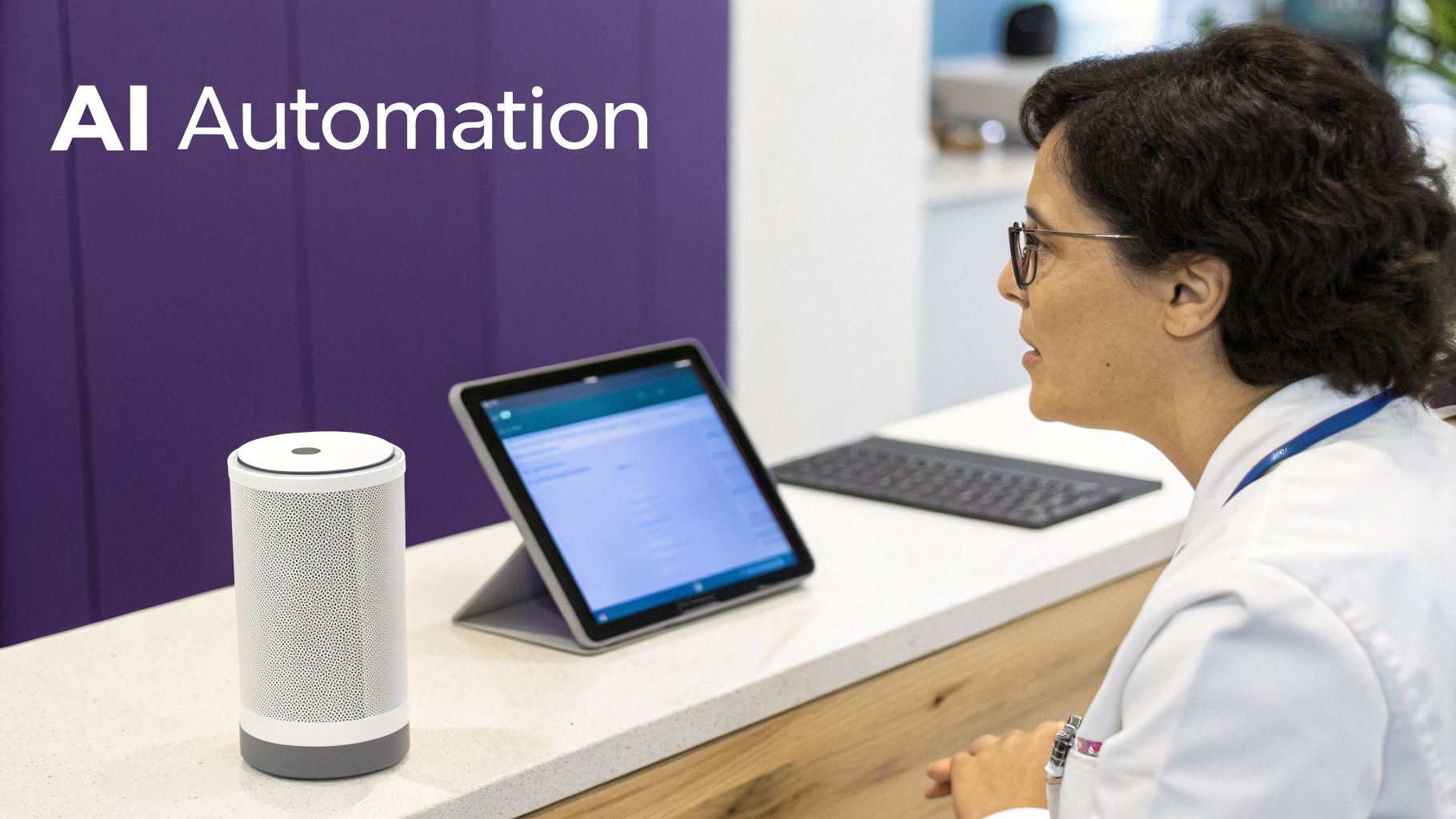 A healthcare professional in a white coat interacts with a smart speaker and tablet, with "AI Automation" text visible.