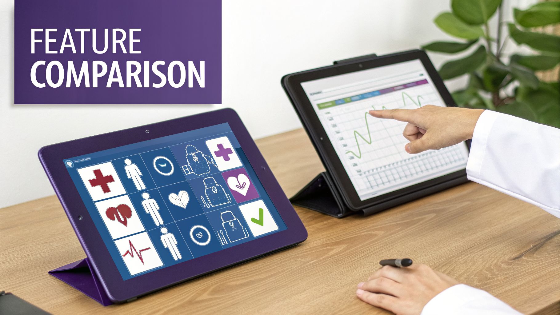 Healthcare professional comparing medical features on two tablets, one displaying icons and a data graph.