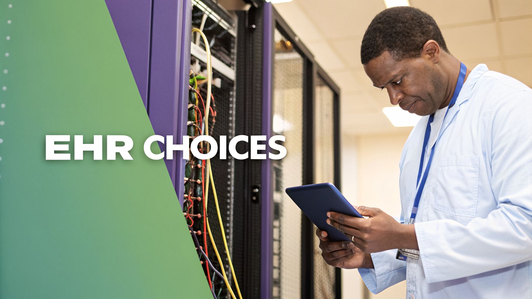 A man in a lab coat looks at a tablet in front of server racks, with 'EHR CHOICES' text.