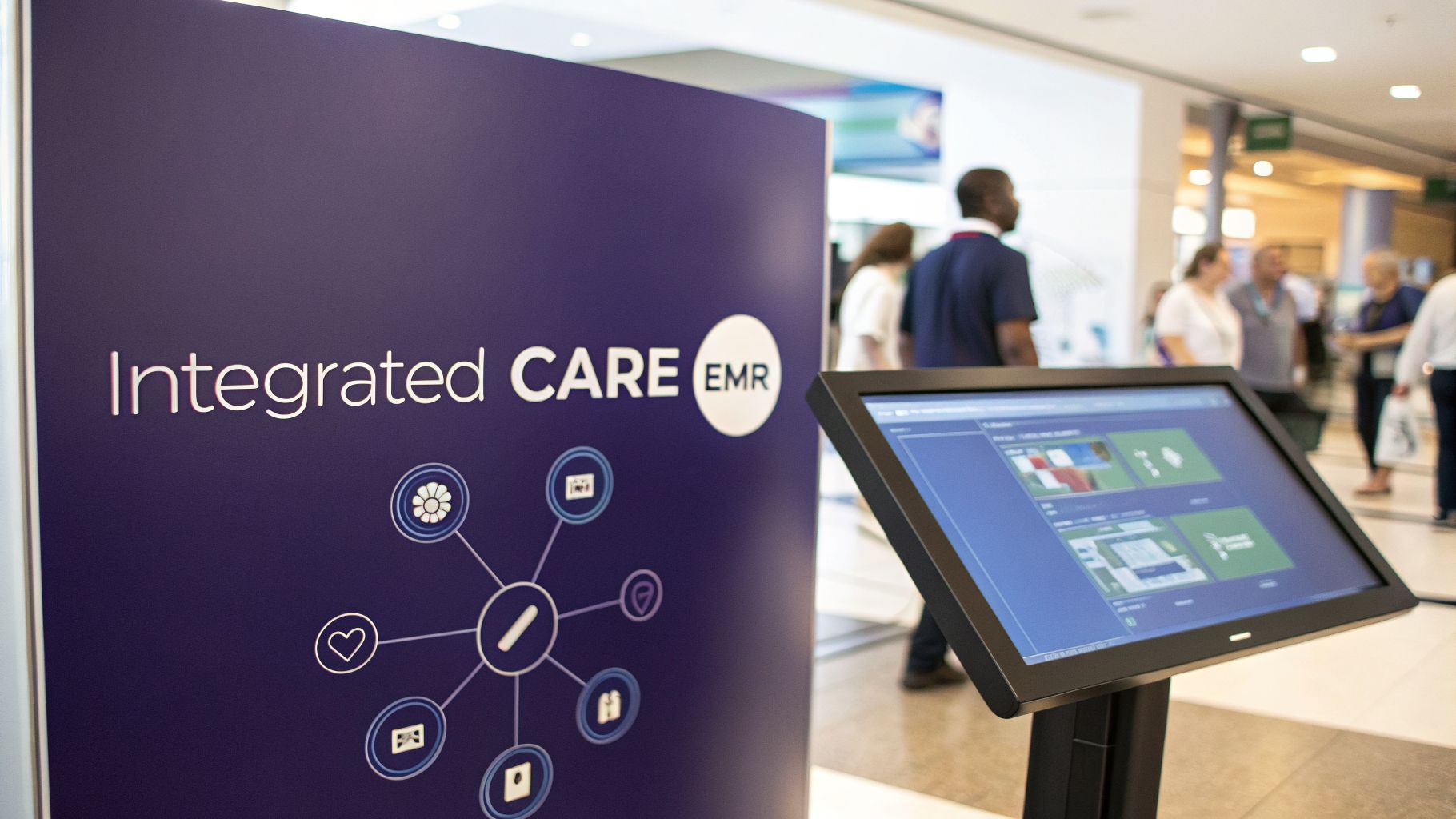 Purple sign for Integrated CARE EMR and interactive display with medical software at a professional event.