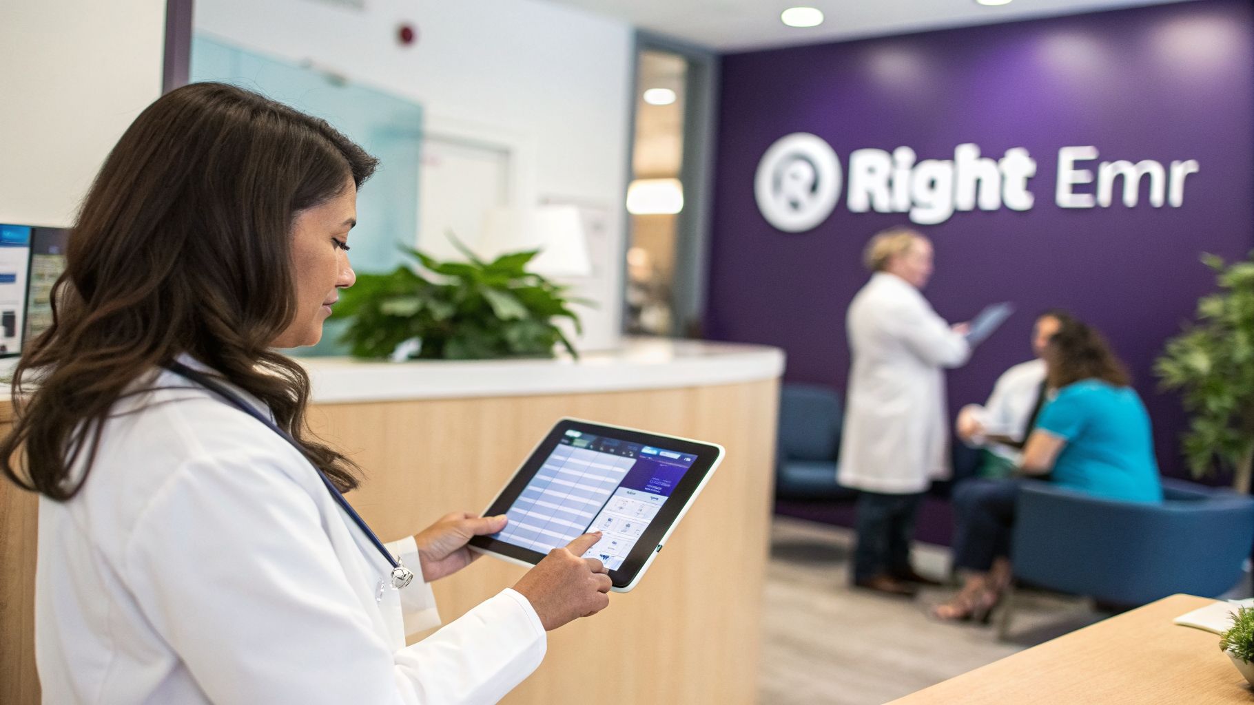 A healthcare professional uses a tablet device to manage patient records in a modern clinic.