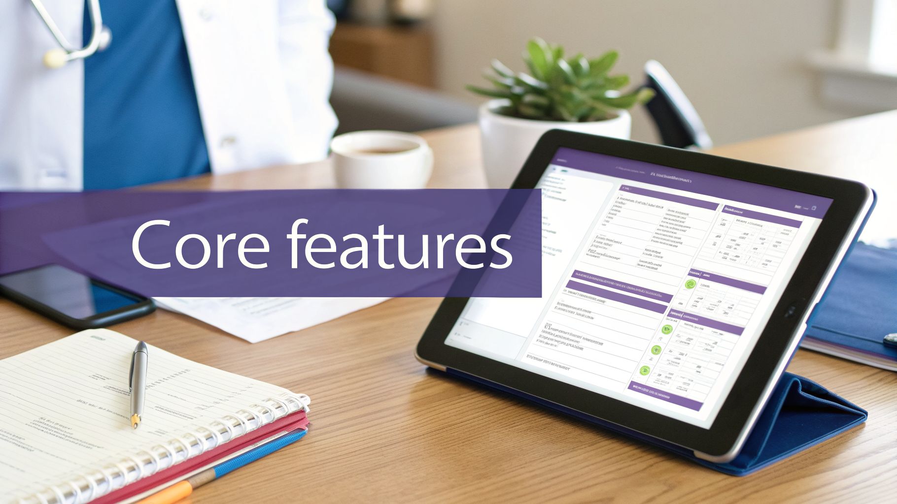 A doctor's desk featuring a tablet displaying medical data, a notebook, and a phone, with 'Core features' text.