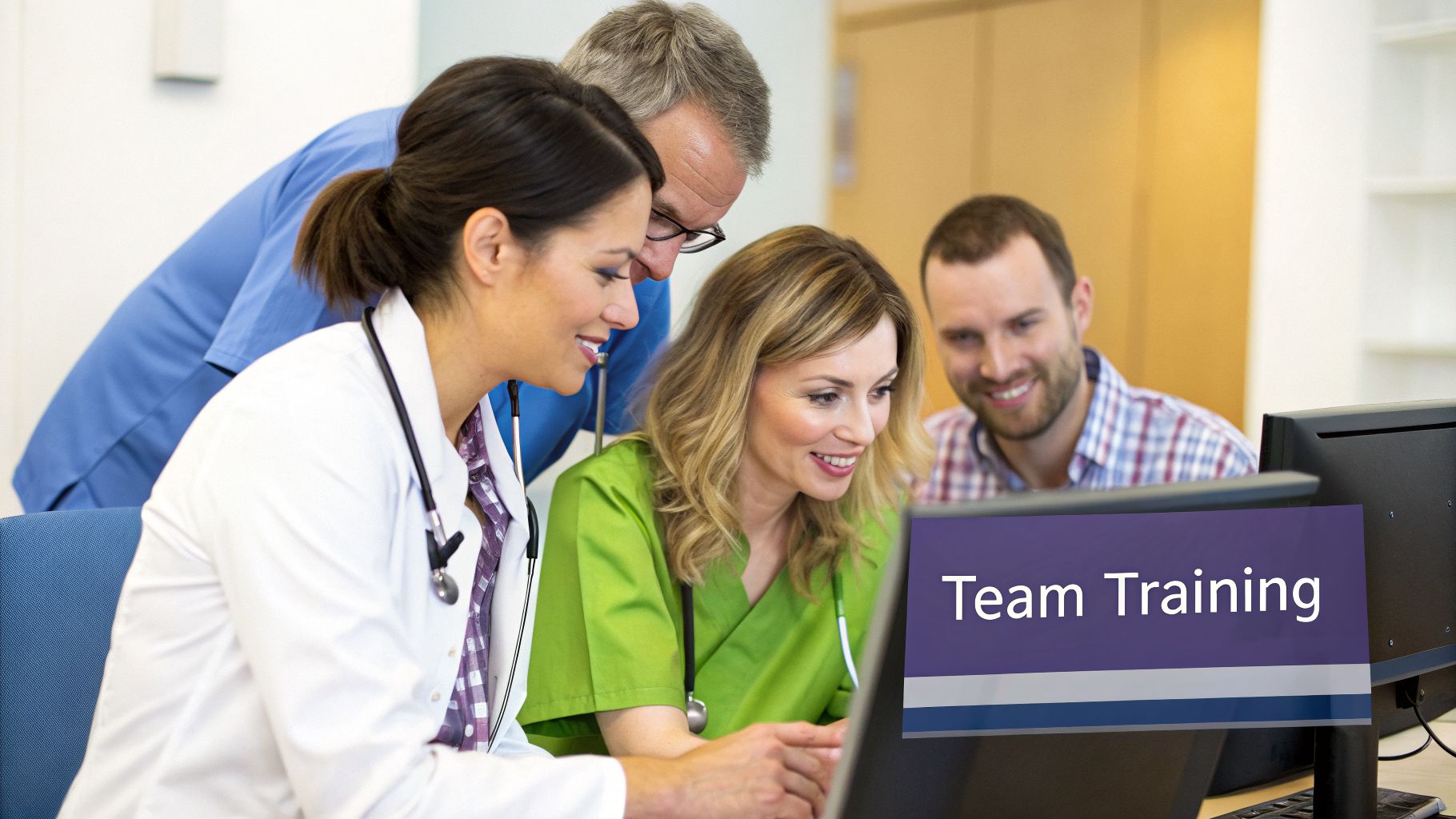 Smiling healthcare professionals collaborating around a computer screen during a 'Team Training' session.
