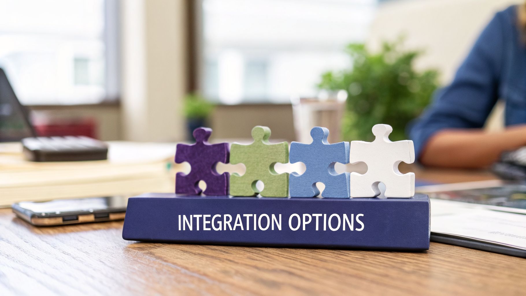 Four colorful puzzle pieces stand on a block labeled 'INTEGRATION OPTIONS' in an office.