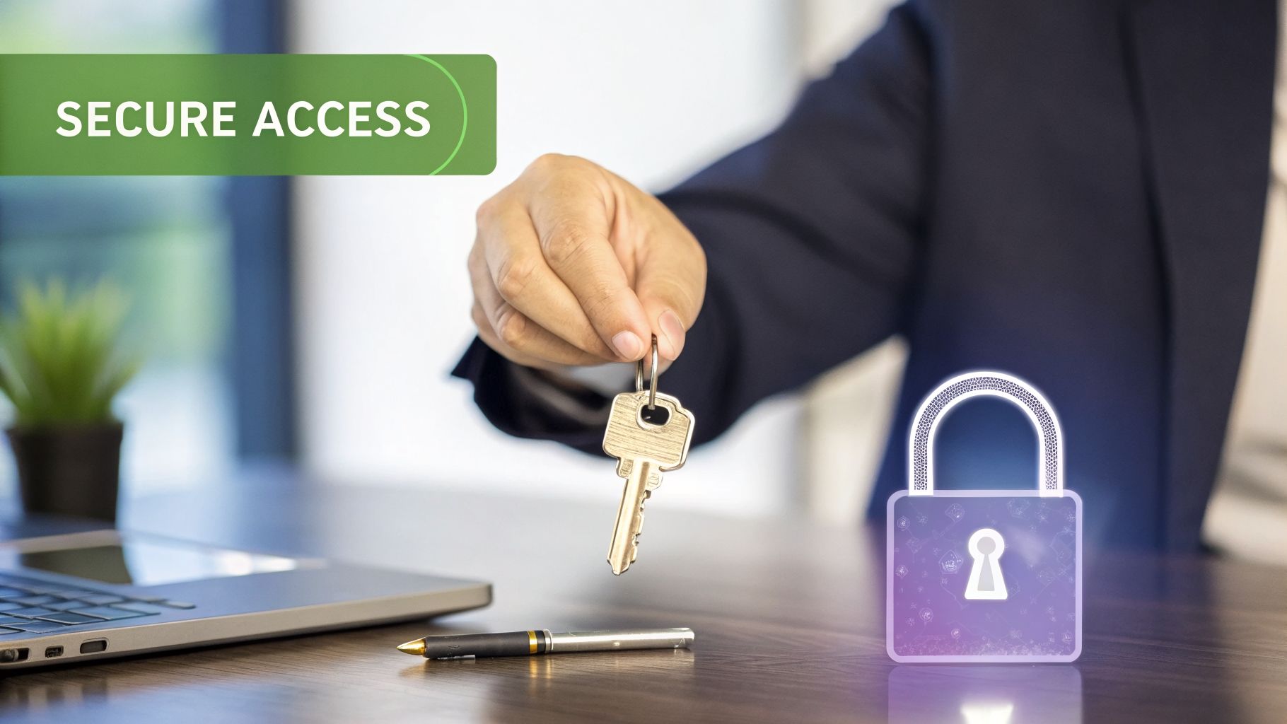 A person in a suit holds a key, representing secure access to digital systems.