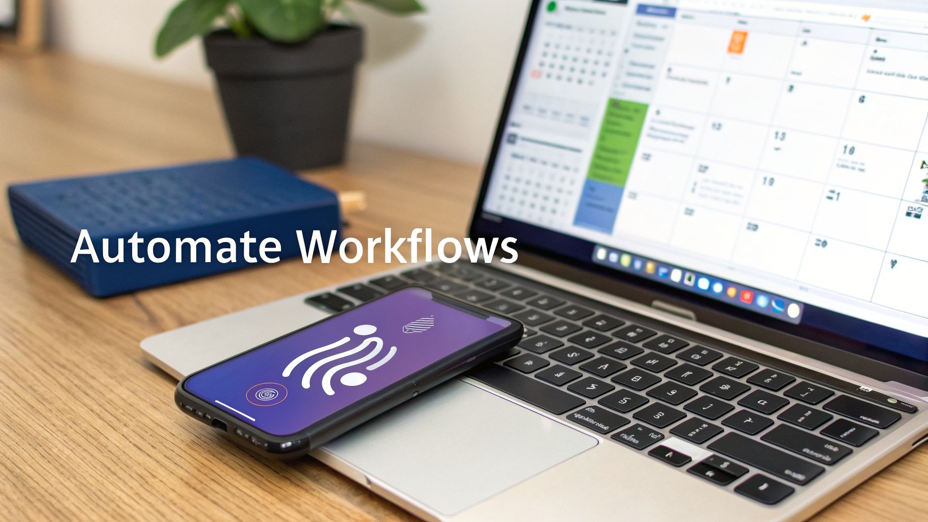 A laptop displaying a calendar, a smartphone with a workflow app, and a blue device, symbolizing automated workflows.