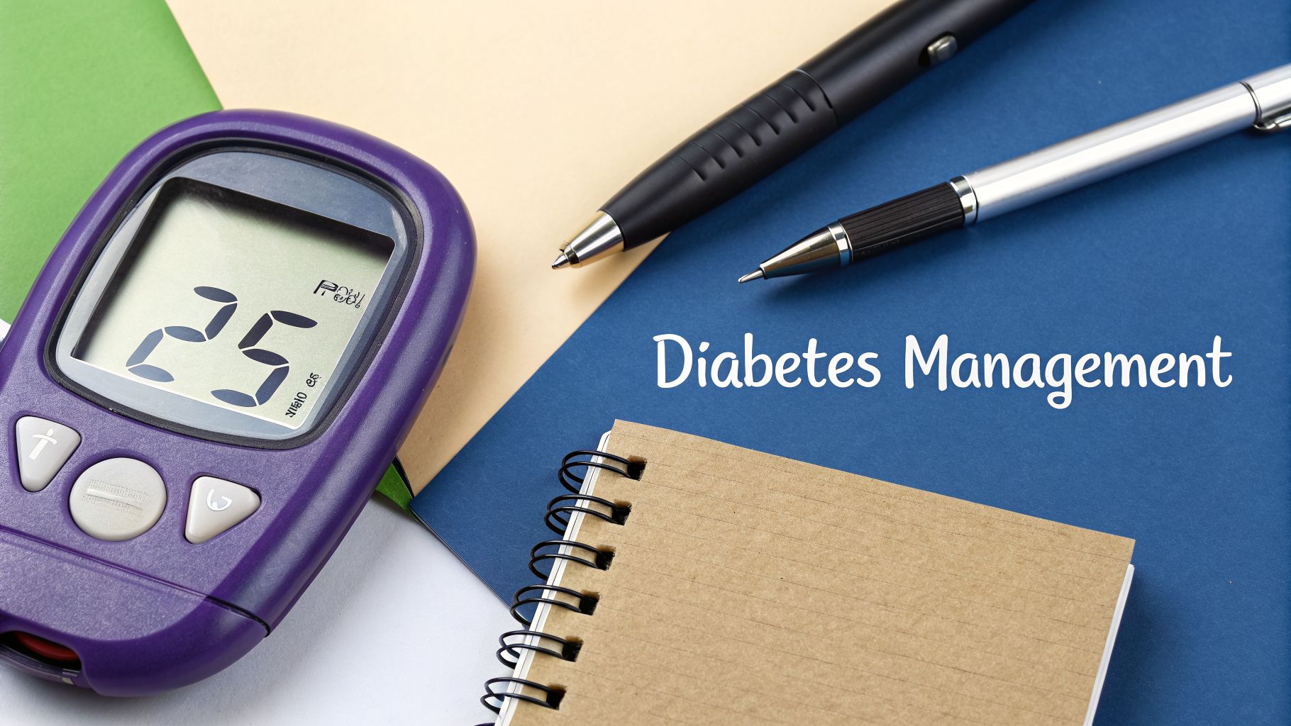 A purple blood glucose meter displaying '25' next to pens and notebooks, with text 'Diabetes Management'.
