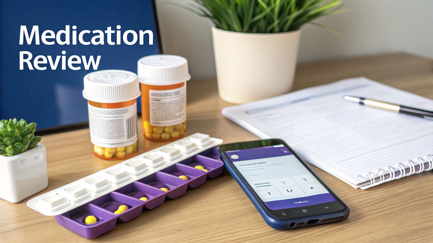 A desk with medication bottles, a pill organizer, a smartphone, and a notebook for medication review.