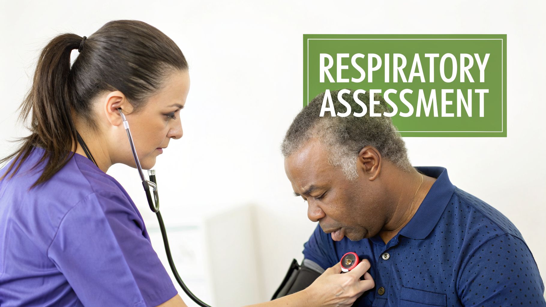 Female nurse conducting a respiratory assessment on an older male patient with a stethoscope.