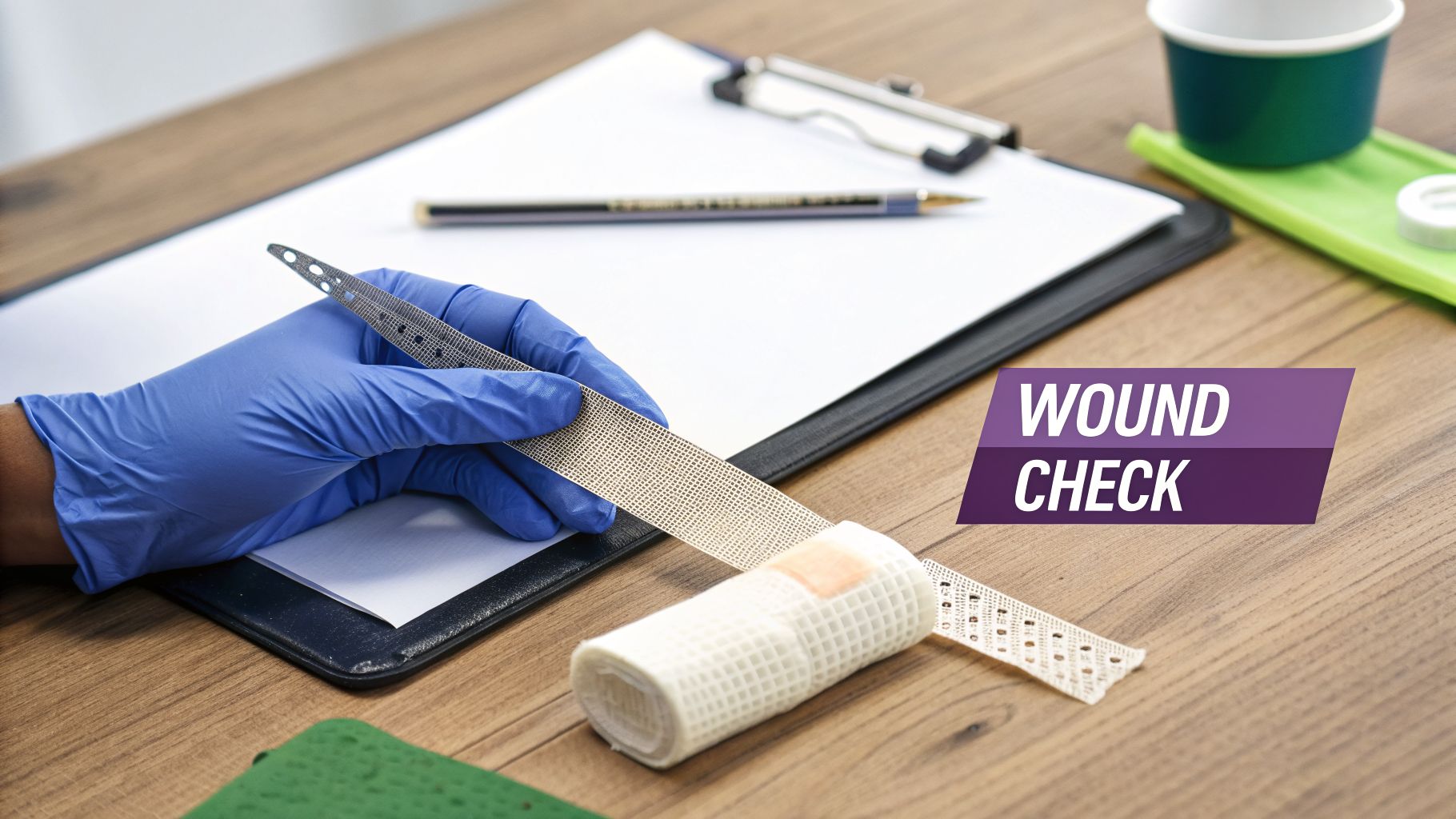 A gloved hand uses tweezers to unroll a medical bandage on a table, with a 'WOUND CHECK' graphic.