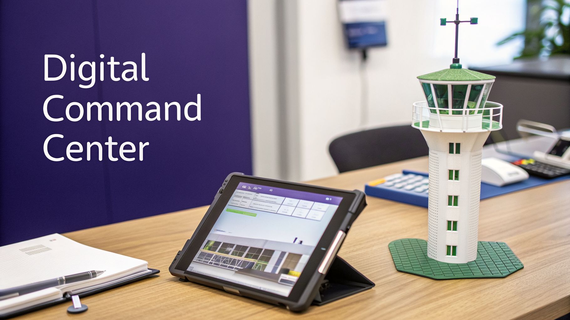 Digital Command Center setup with a tablet displaying software and a model control tower.