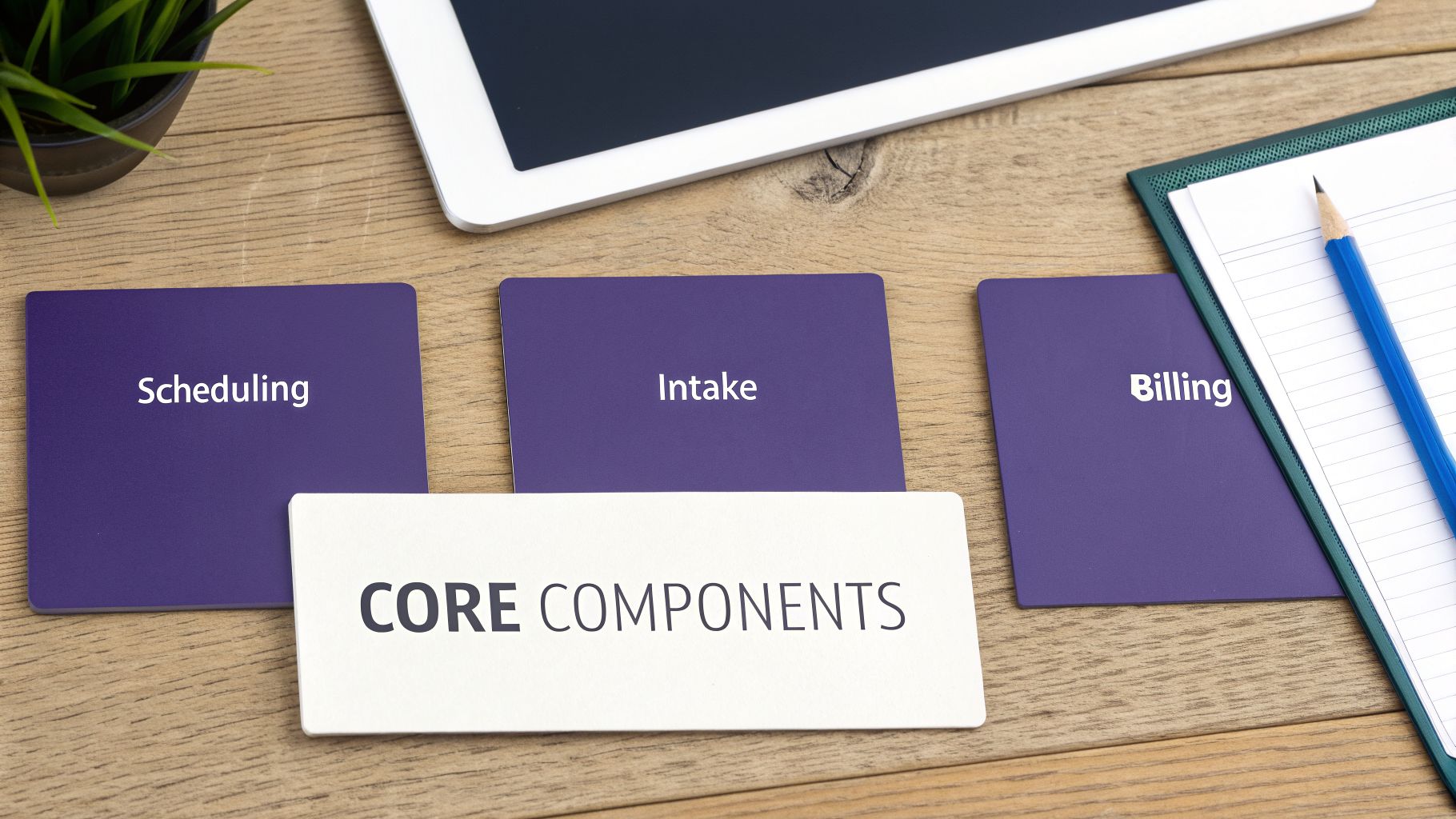 Four cards on a wooden desk displaying 'CORE COMPONENTS' with Scheduling, Intake, and Billing processes.