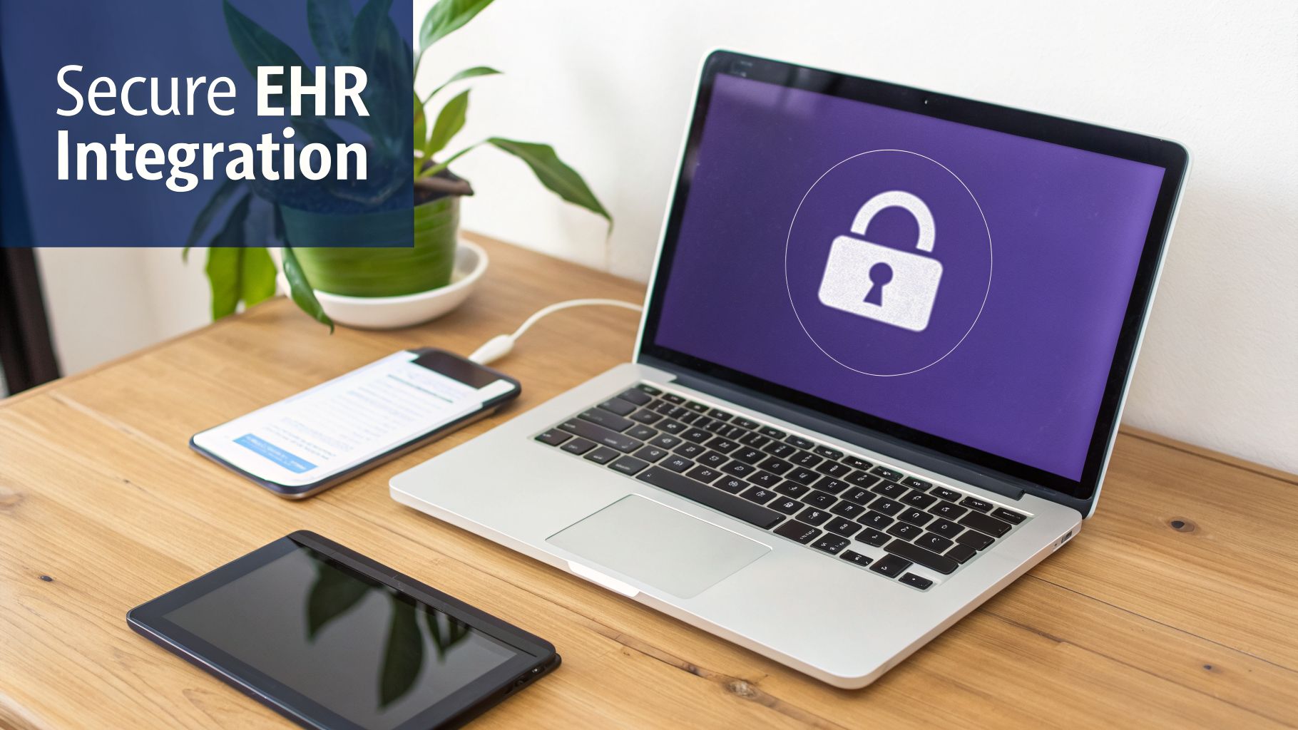 A laptop displaying a secure lock icon, a smartphone, and a tablet on a wooden desk, emphasizing Secure EHR Integration.