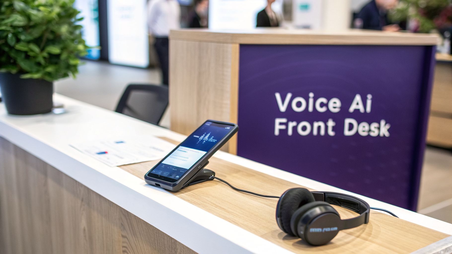 A modern Voice AI front desk featuring a smartphone, headphones, and a plant on the counter.
