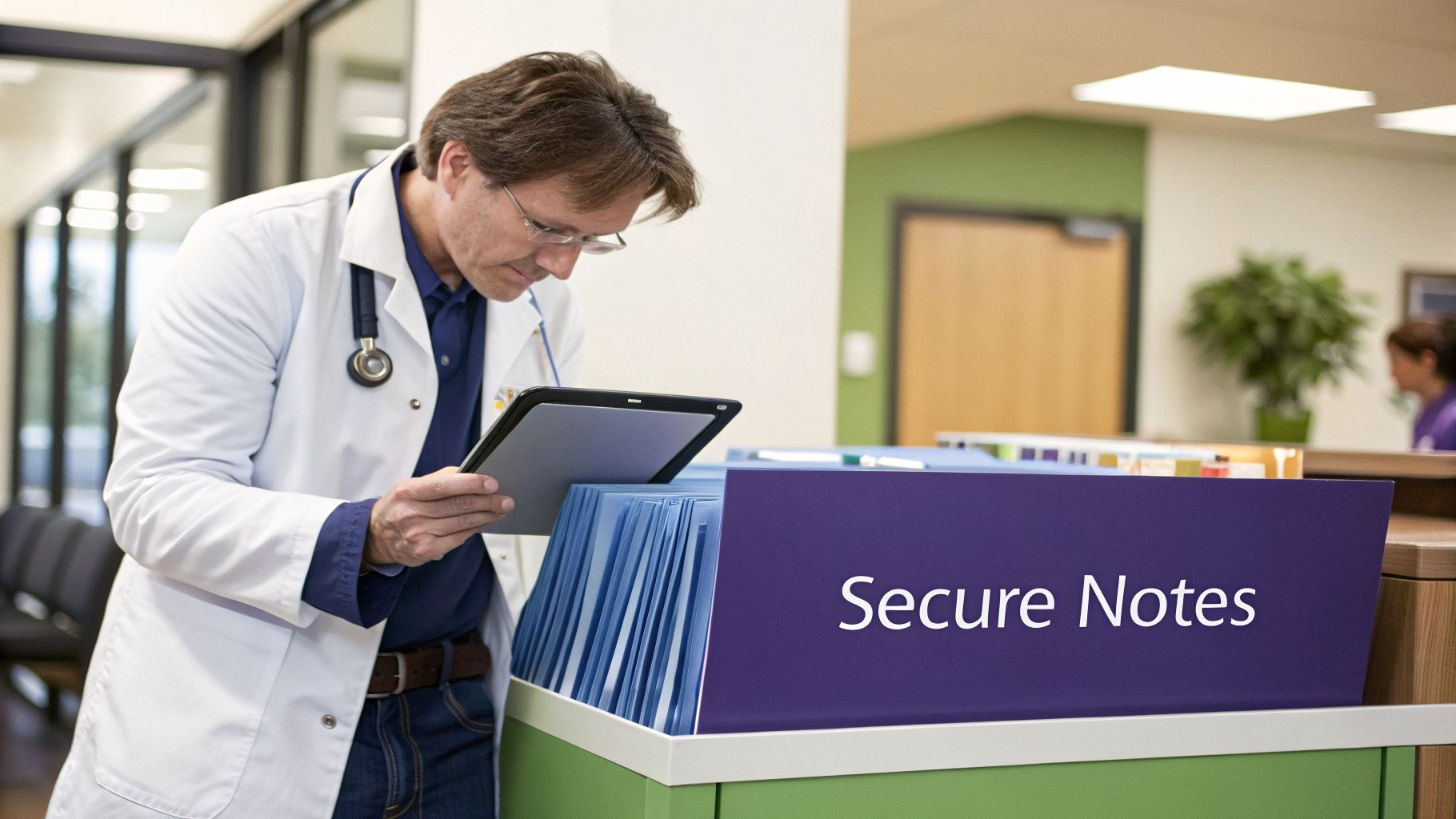 A male doctor in a white lab coat uses a tablet near a 'Secure Notes' file cabinet.