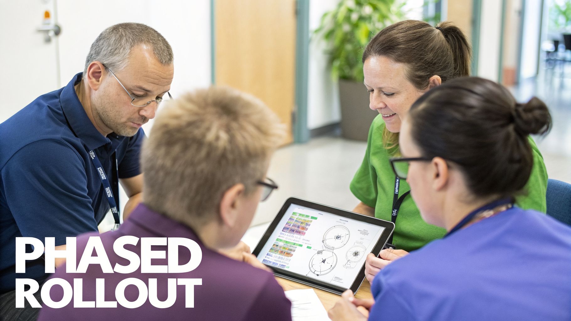 Healthcare professionals collaboratively review medical data on a tablet in a modern office.