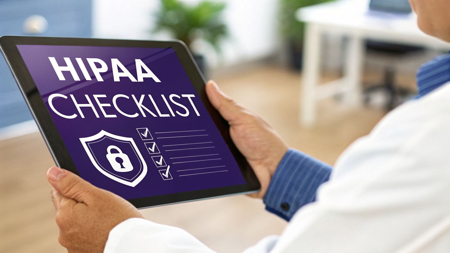 A medical professional reviewing a HIPAA compliance checklist on a digital tablet.