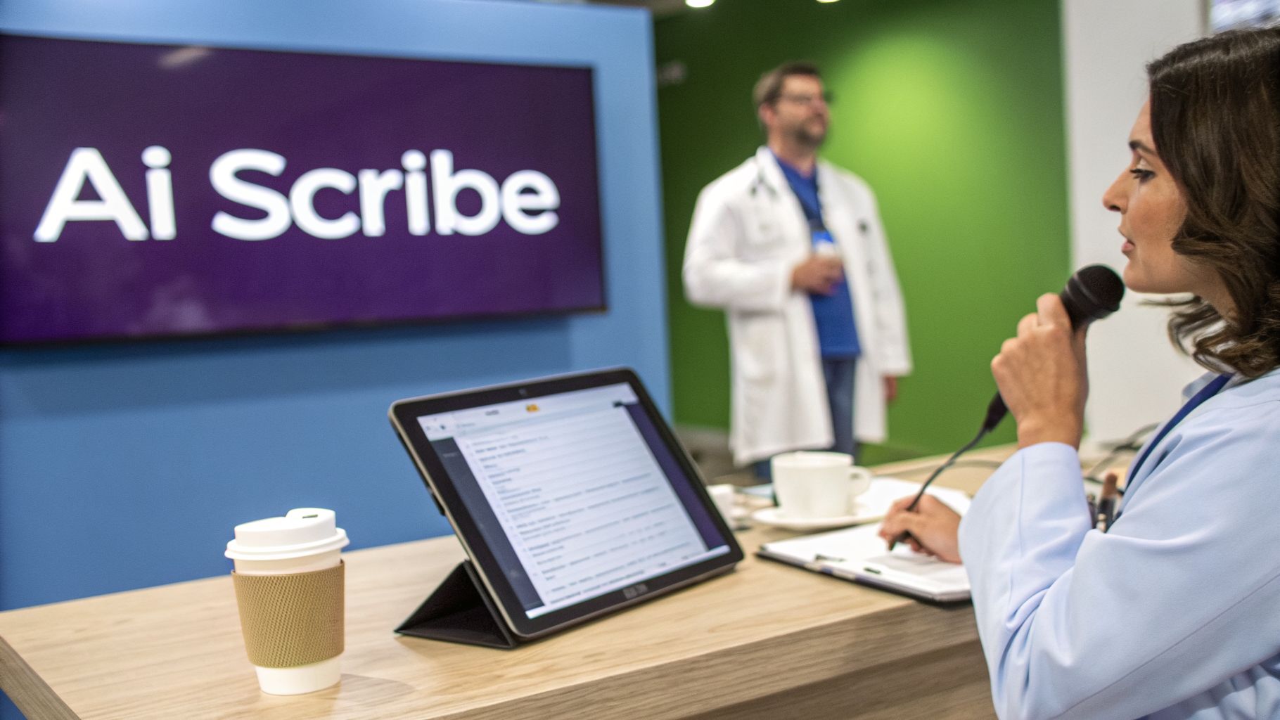 A healthcare professional uses an AI scribe dictation app, speaking into a microphone and taking notes.