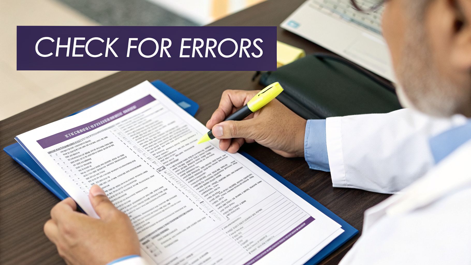 A doctor reviews hospital discharge papers with a yellow highlighter, checking for errors.