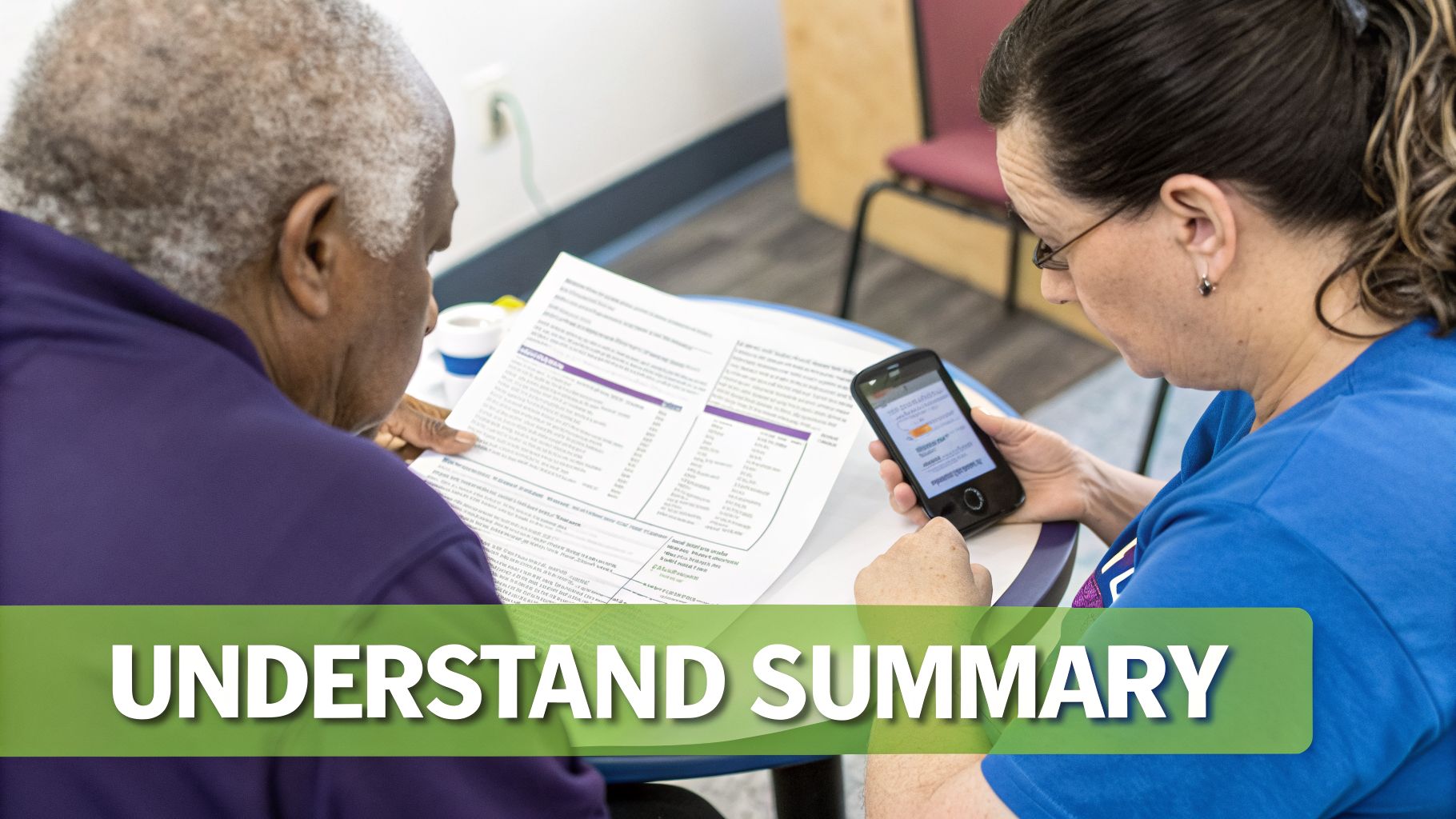 An elderly man and a woman with glasses examine hospital discharge papers and a phone.