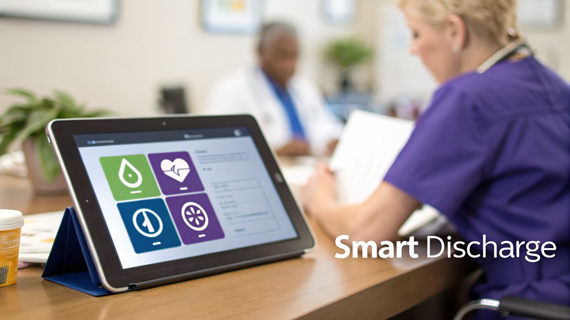 A healthcare professional uses a tablet displaying a medical application for smart discharge planning.