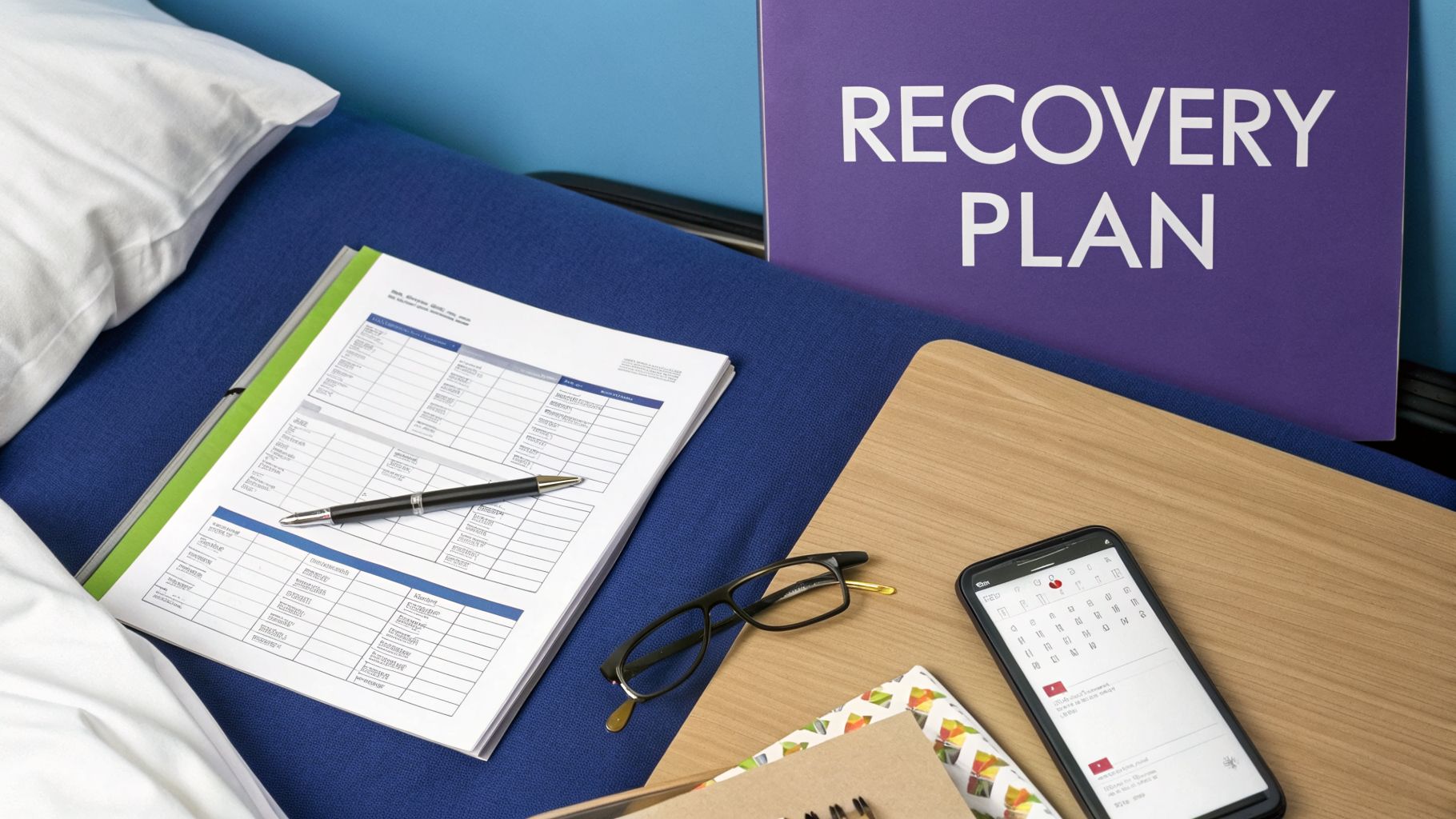 Recovery plan document, pen, glasses, and phone on a hospital bed with a sign.
