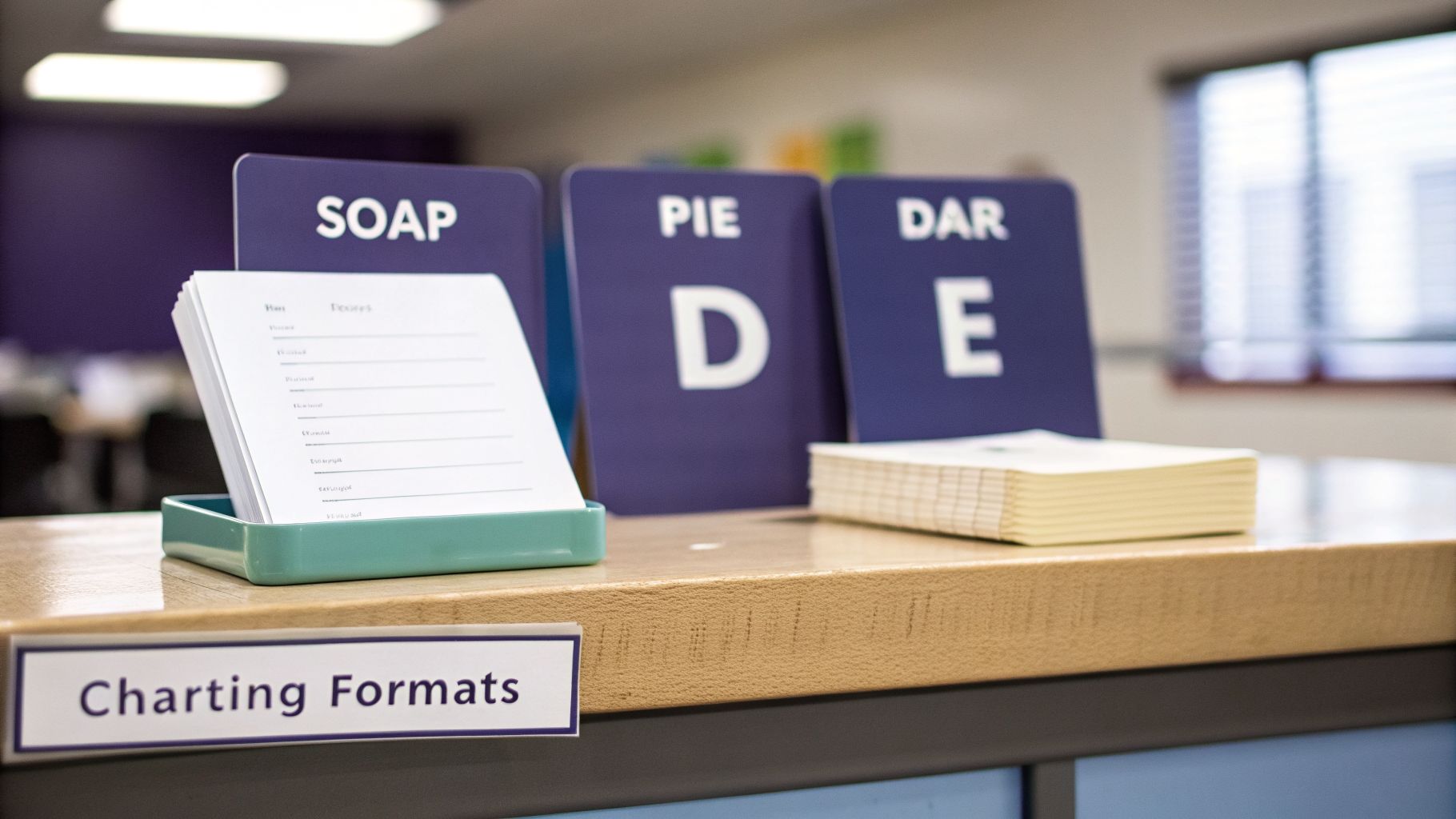 Display of nursing charting formats SOAP, PIE, and DAR with blank forms and a sign.