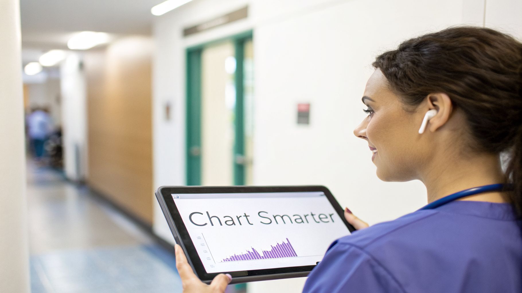 A smiling nurse in scrubs holds a tablet displaying 'Chart Smarter' in a hospital hallway.