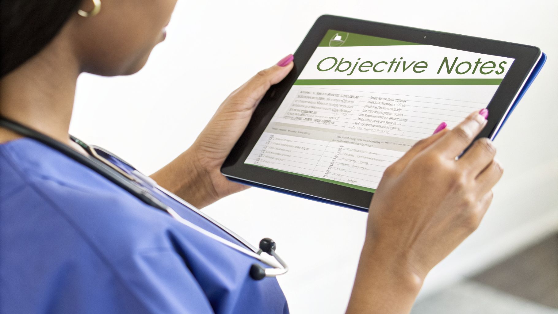 A healthcare professional in blue scrubs holds a tablet displaying 'Objective Notes' with a stethoscope.