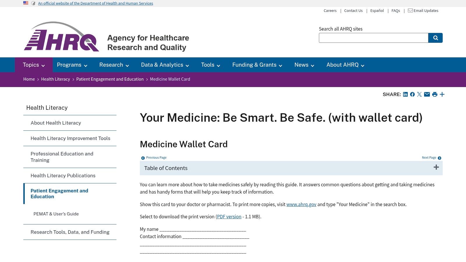 AHRQ — Medicine Wallet Card / Personal Medication Form