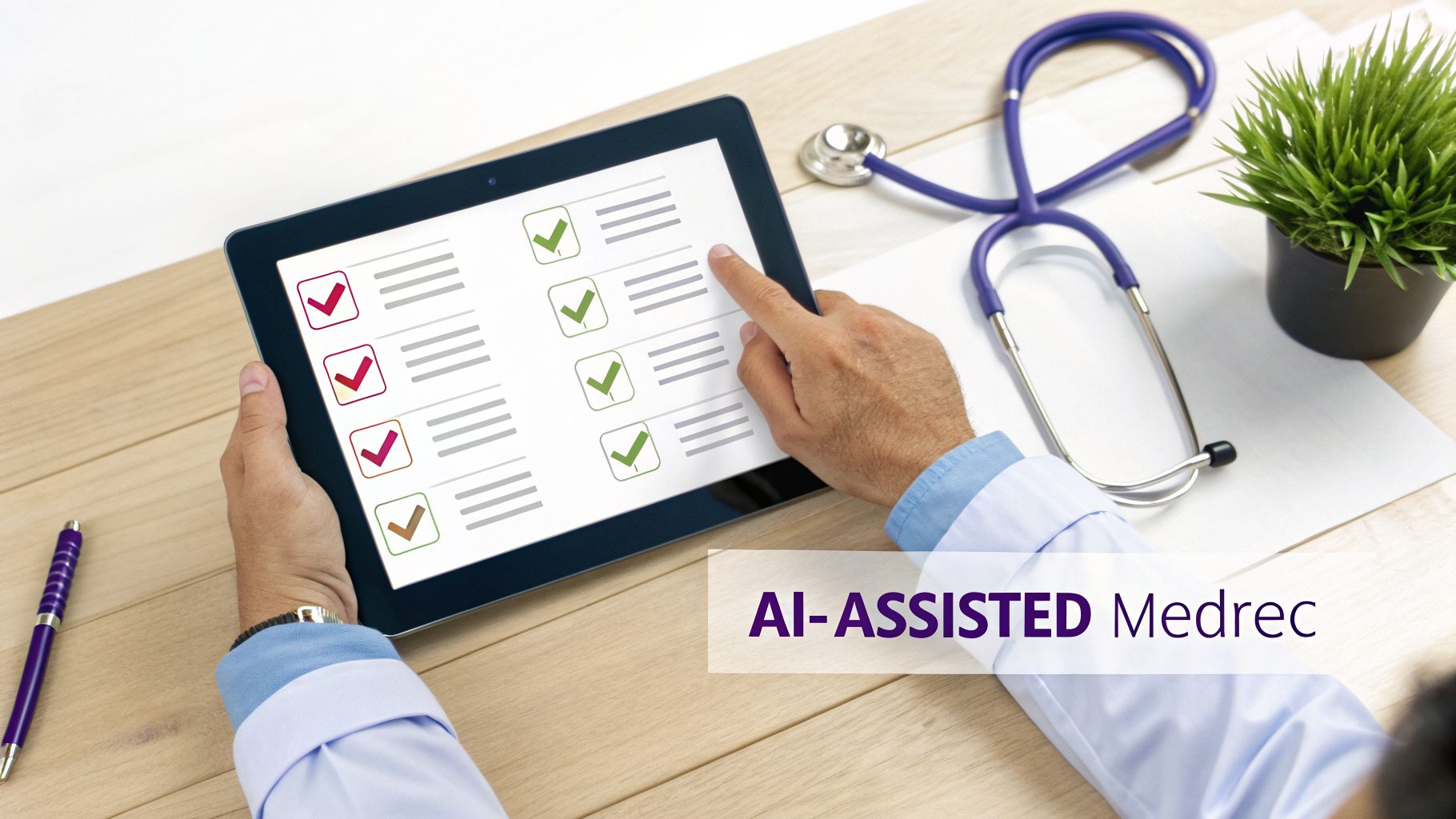 A doctor's hands reviewing a digital checklist on a tablet, with a stethoscope and text 'AI-ASSISTED Medrec'.