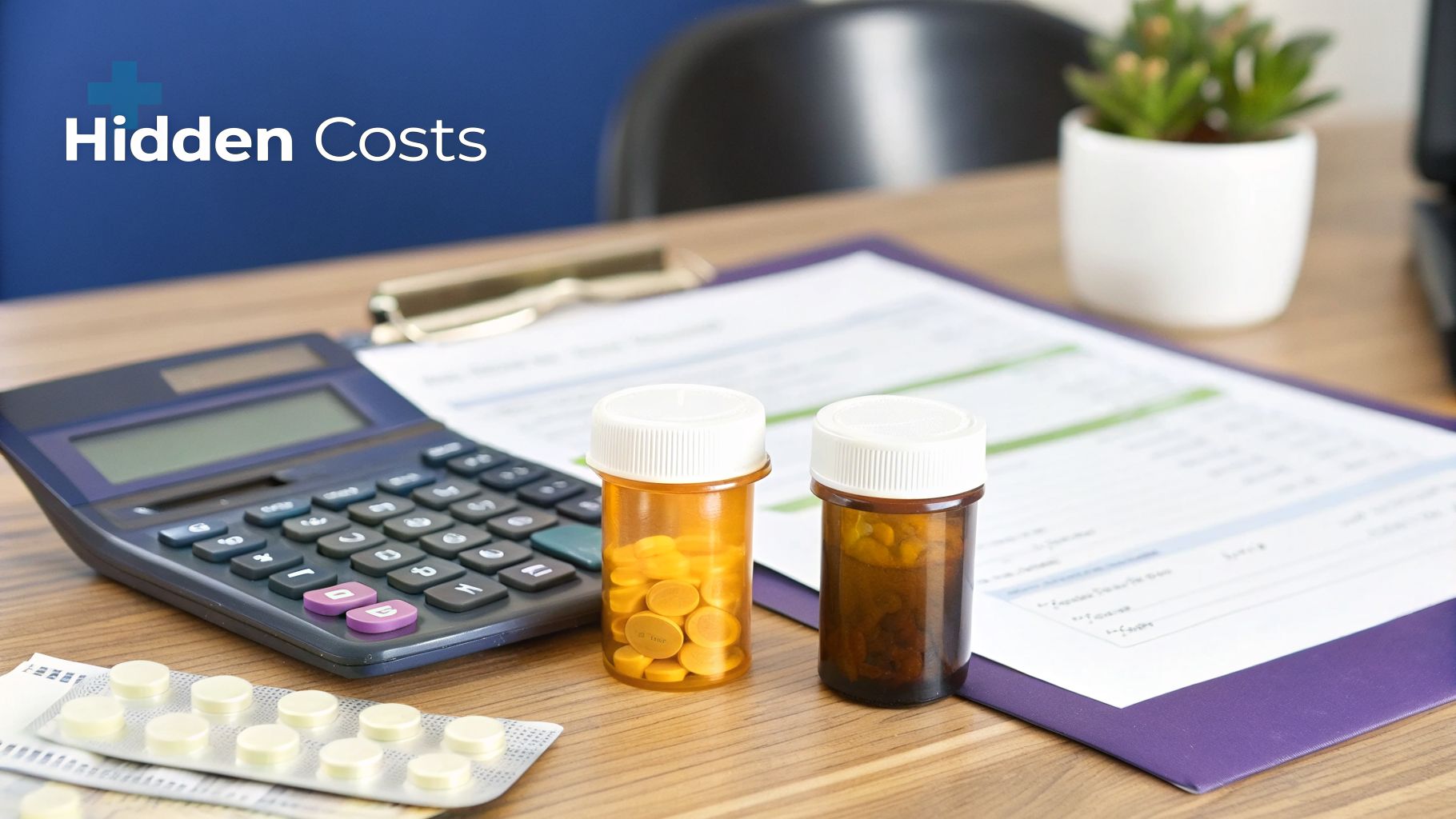 A calculator, prescription pill bottles, and a document on a desk, highlighting 'Hidden Costs'.