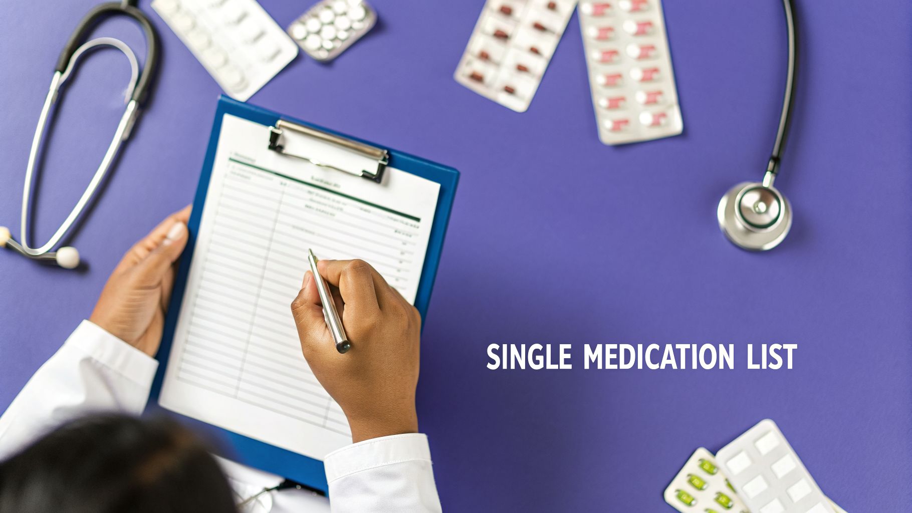 A doctor's hands writing on a medication list clipboard on a purple desk with a stethoscope and pills.