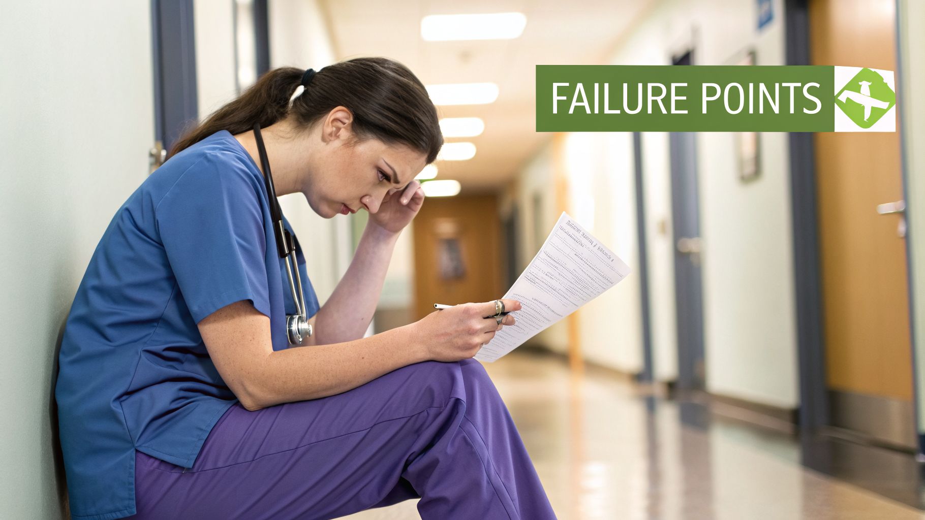A stressed nurse in blue scrubs sits on a hospital corridor floor, reviewing papers intently.