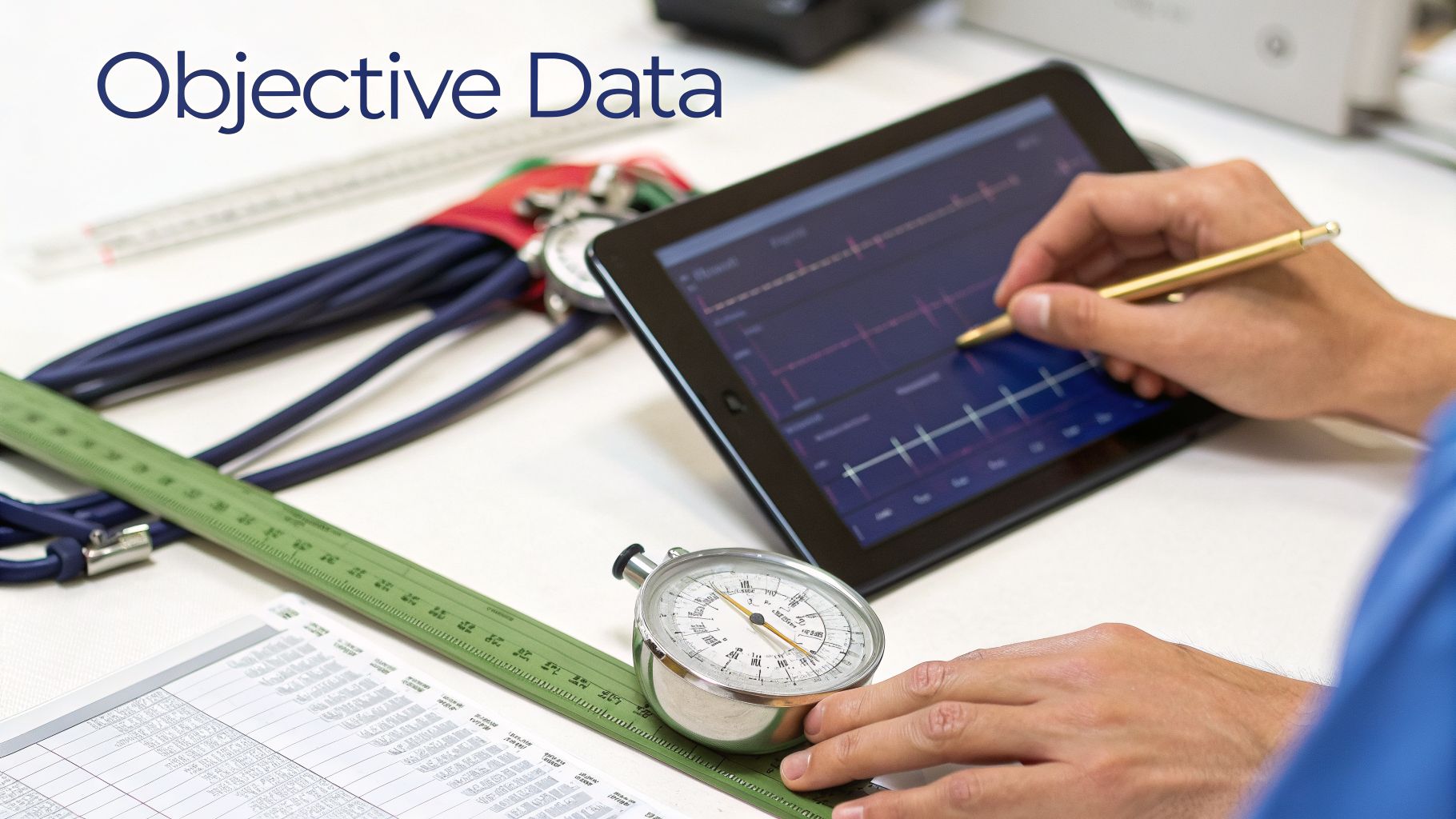 A professional analyzes objective medical data on a tablet, surrounded by various healthcare measurement tools.