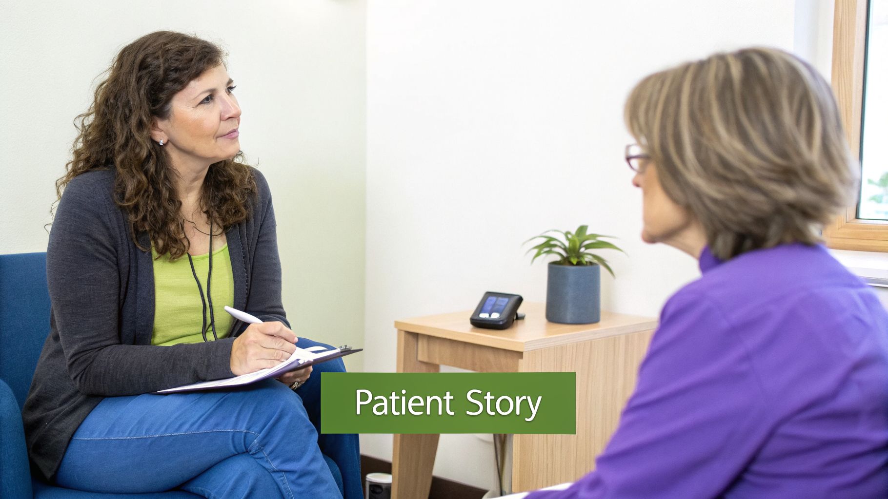 A female therapist listens and writes notes while a patient shares her story in a clinic.
