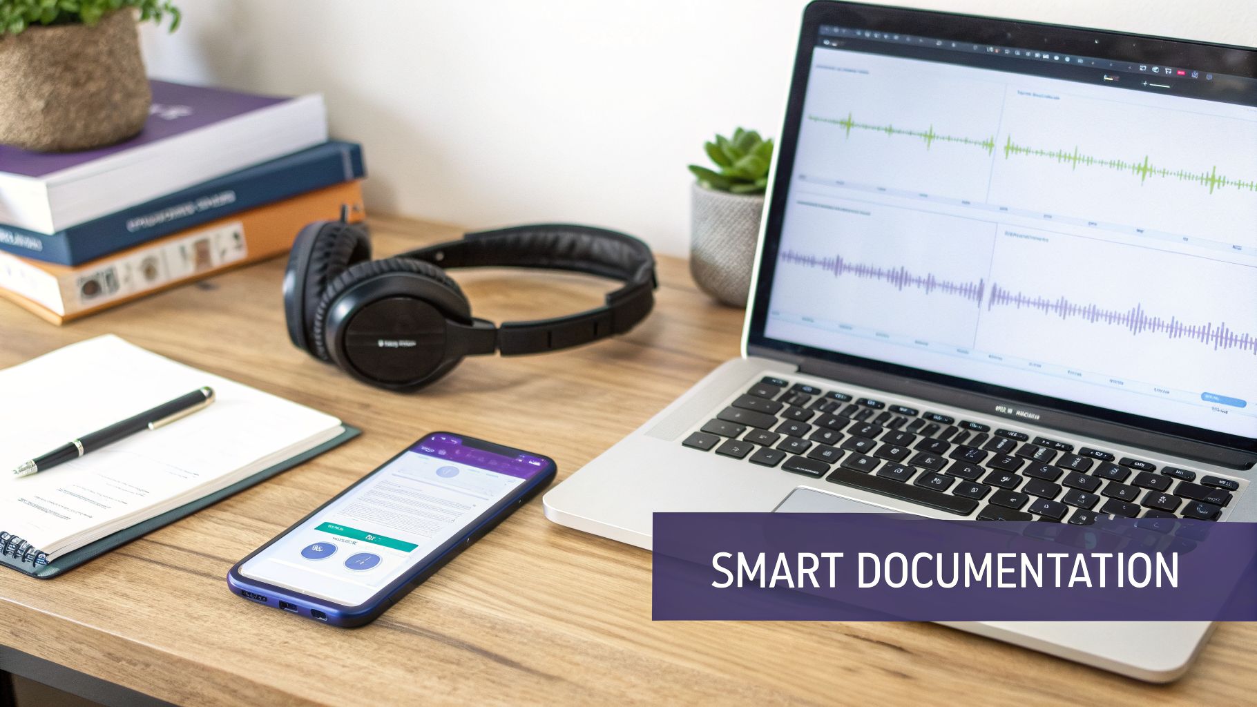 Desk with laptop displaying waveforms, smartphone, headphones, and notebook for smart documentation.