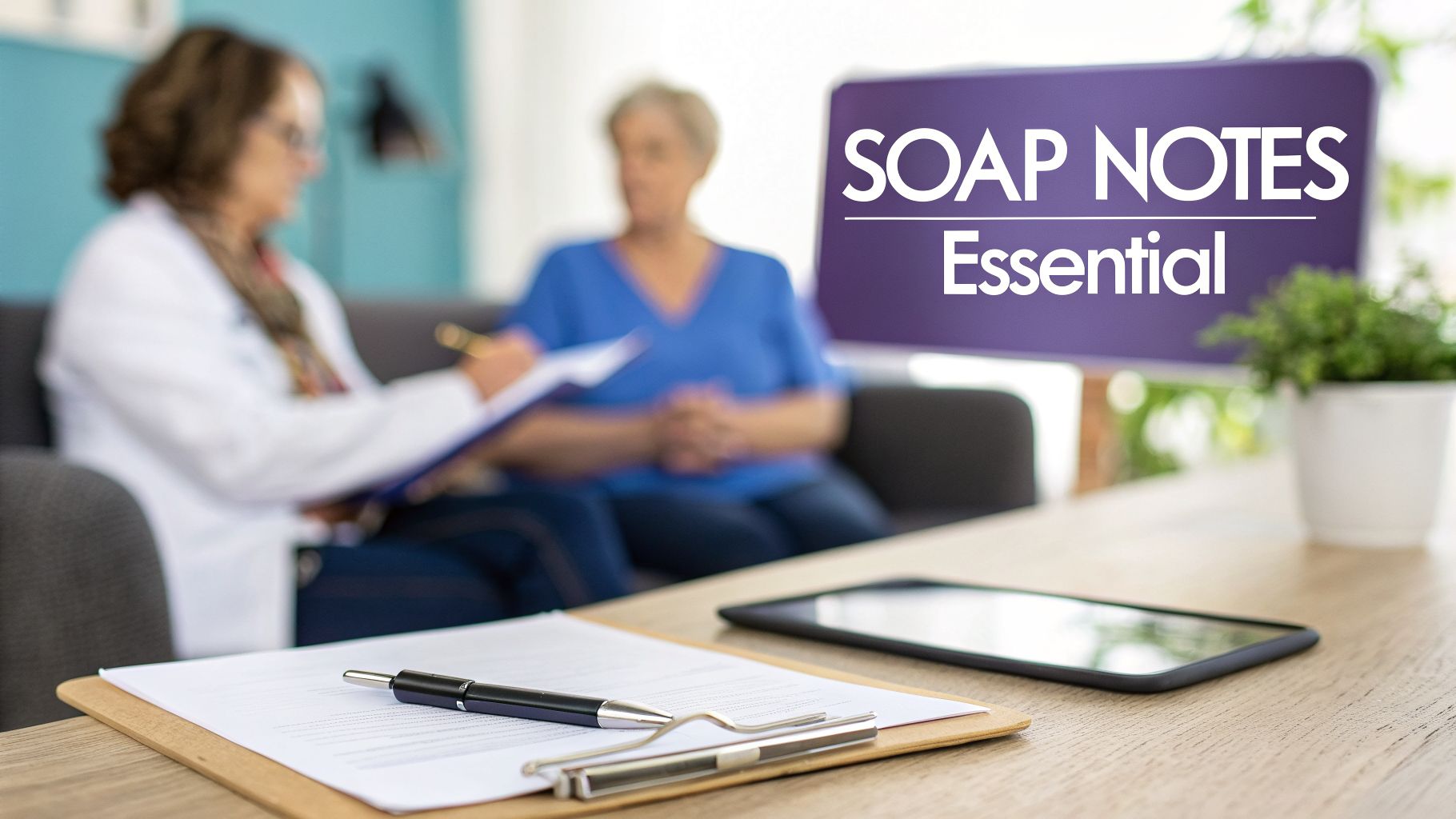 A therapist writes SOAP notes on a clipboard during a patient session, with a tablet on the table.