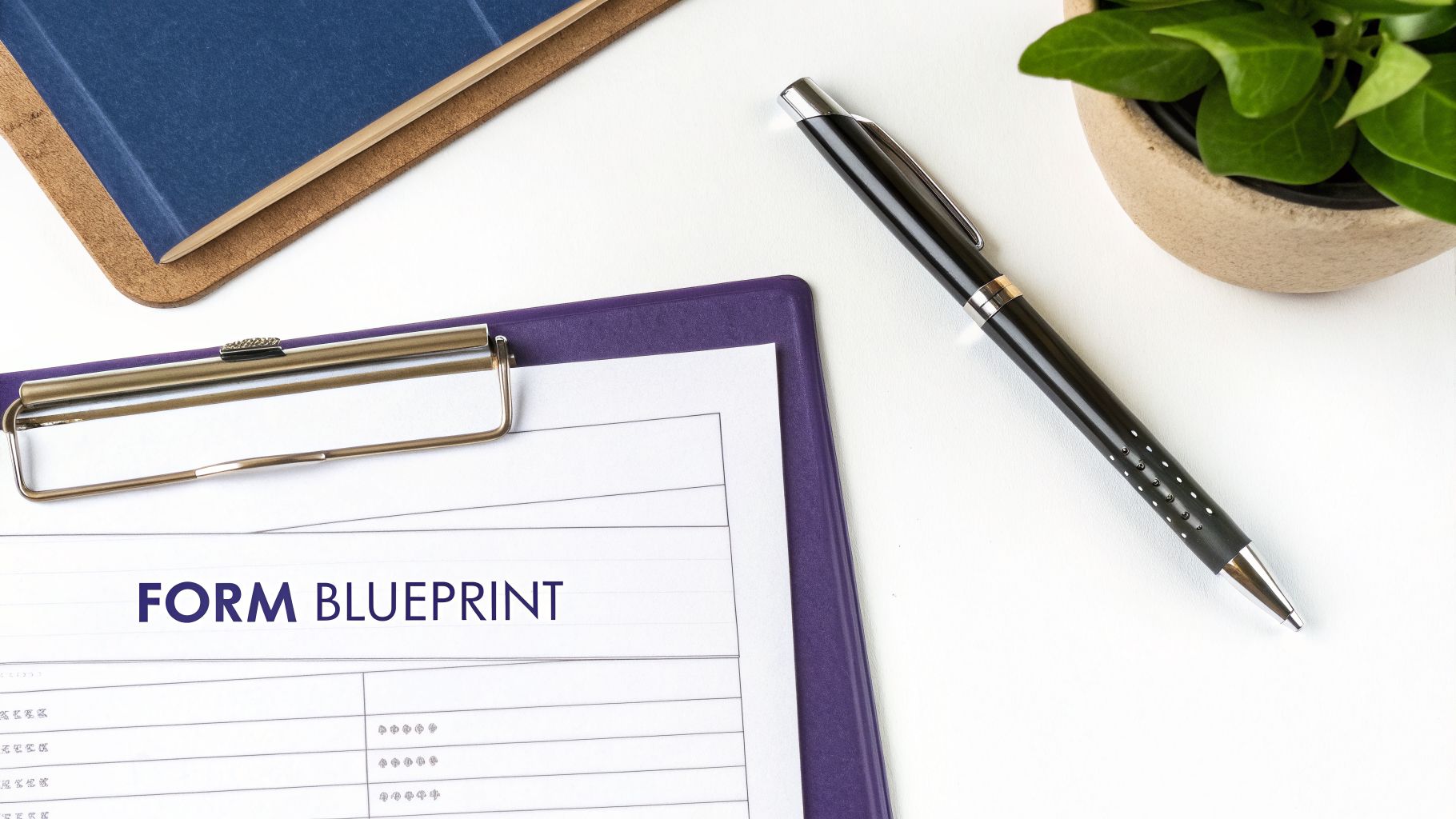 A document titled 'FORM BLUEPRINT' on a purple clipboard, with a pen and notebook on a white desk.
