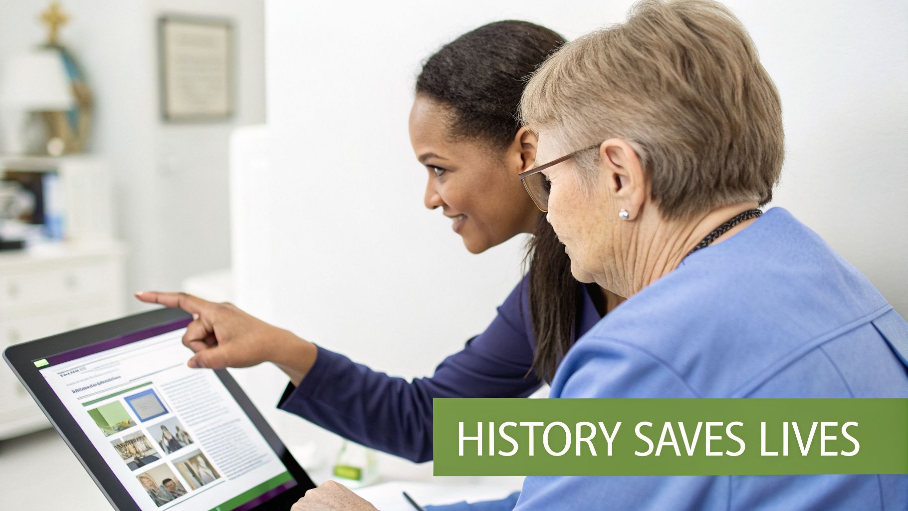 Two women, one younger and one older, review information on a tablet, with the younger woman pointing at the screen.