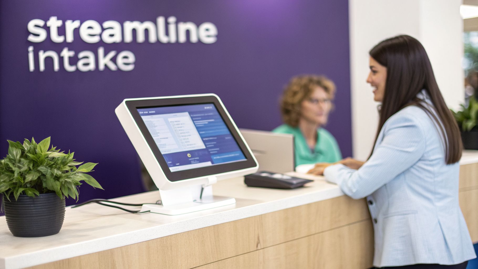A smiling woman uses a digital intake kiosk at a modern healthcare reception, streamlining patient check-in.